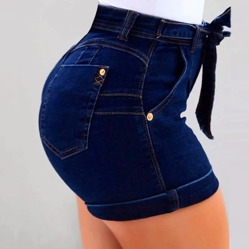 Women's casual elastic denim shorts, high-waisted with folded hem, tight-fitting stretch high-waisted buttock-lifting shorts for women, plus size availableGift
