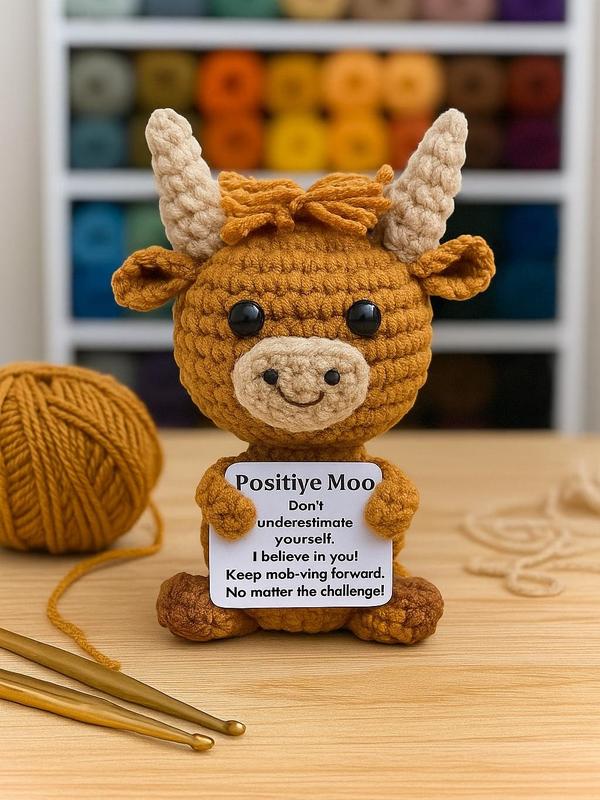 Positive Crochet Cow, Amigurumi Plush Toy, Motivational Bull Gift, Handmade Cow Stuffed Animal, Cute Desk Buddy, Uplifting Cow Decor