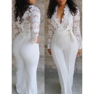 Autumn   sexy deep v white see through lace patchwork jumpsuit trousers for women with belt