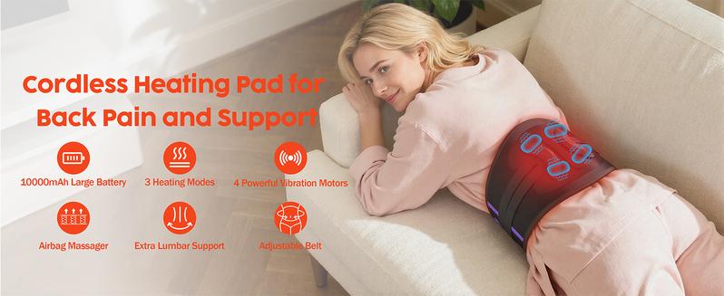 Valentine's Day Gifts 10000mAh Cordless Heating Pad for Back Pain Relief with Air Compression Massager Large Portable Heat Pad for Cramps Lower Back Support Brace Birthday Gifts for Women Men Mom Dad Seniors