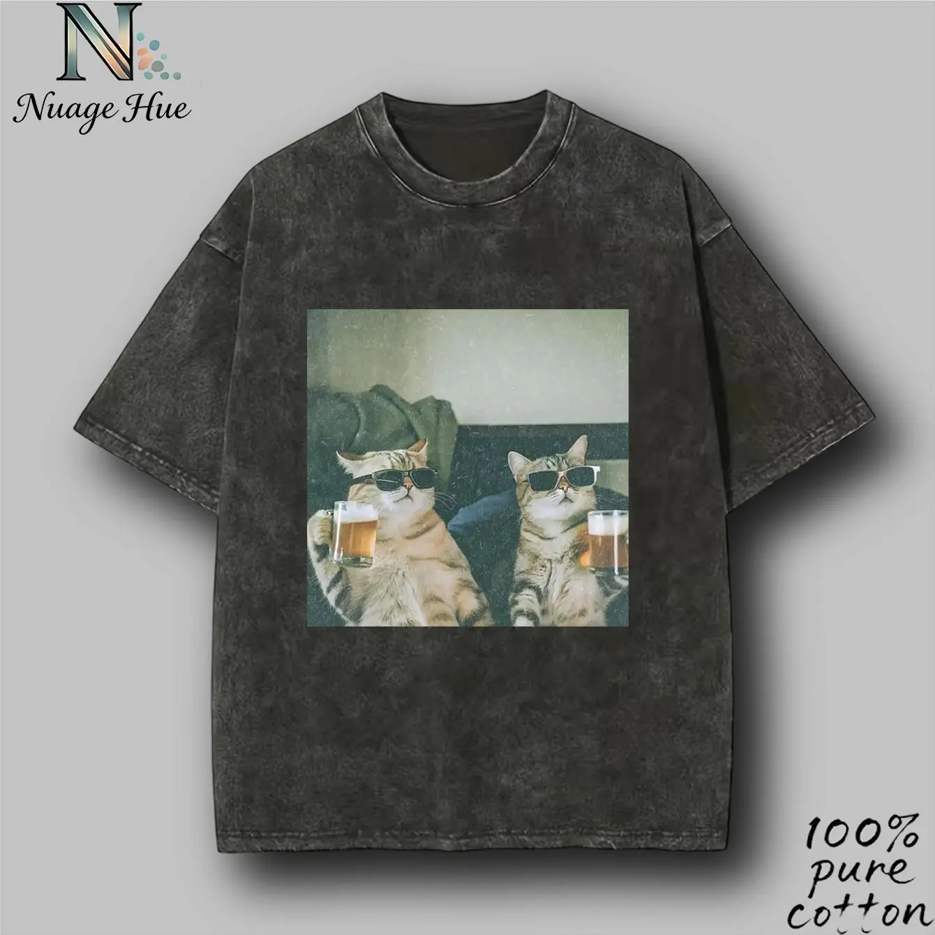 Unisex Retro Beer Cat Meme Cartoon Graphic Short-Sleeve T-Shirt - Soft Washed Fabric, Natural, Loose-Fitting Crewneck, Distressed Vintage Streetwear, Funny Casual Top for Daily Commute & Girlfriends' Group Photos (Sports & Outdoor Sports Top)