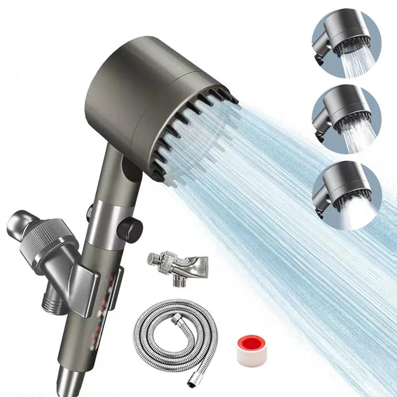 Adjustable Handheld Shower Head Set - 3-Mode Water Filter Unit with 1-Click Stop, Rainfall/Jet Options, Skin Protection, Durable Hose, Holder, Steel-Plastic Build, Water-Saving, Eco-Friendly, Low Pressure Boost, Universal Fit for Home Bathrooms, Rainfall
