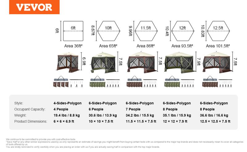 VEVOR Camping Gazebo Screen Tent, TikTokShopBlackFriday, 12*12ft, 6 Sided Pop-up Canopy Shelter Tent with Mesh Windows, Portable Carry Bag, Stakes, Large Shade Tents for Outdoor Camping, Lawn and Backyard, Brown/Beige