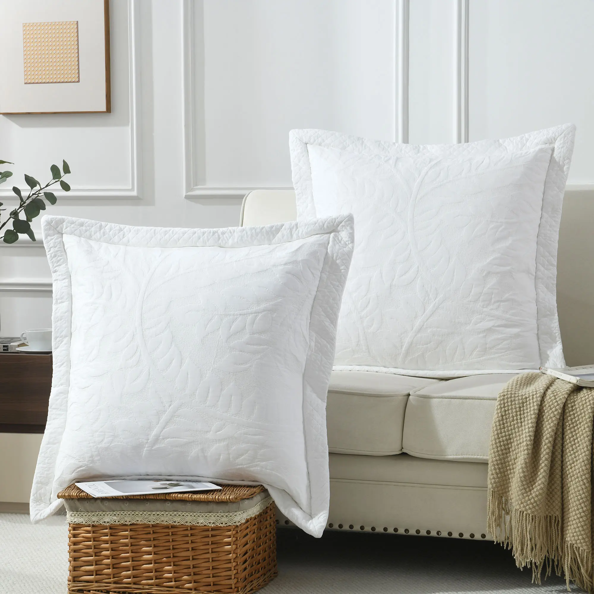 2-Piece 100% Cotton Euro Pillow Shams Set, Quilted Leaf Pillowcase for Sofa, Bedroom