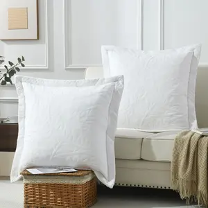 100% Cotton Embroidered Leaf Quilted Pillow Shams Set of 2, 26"x26" Euro Size
