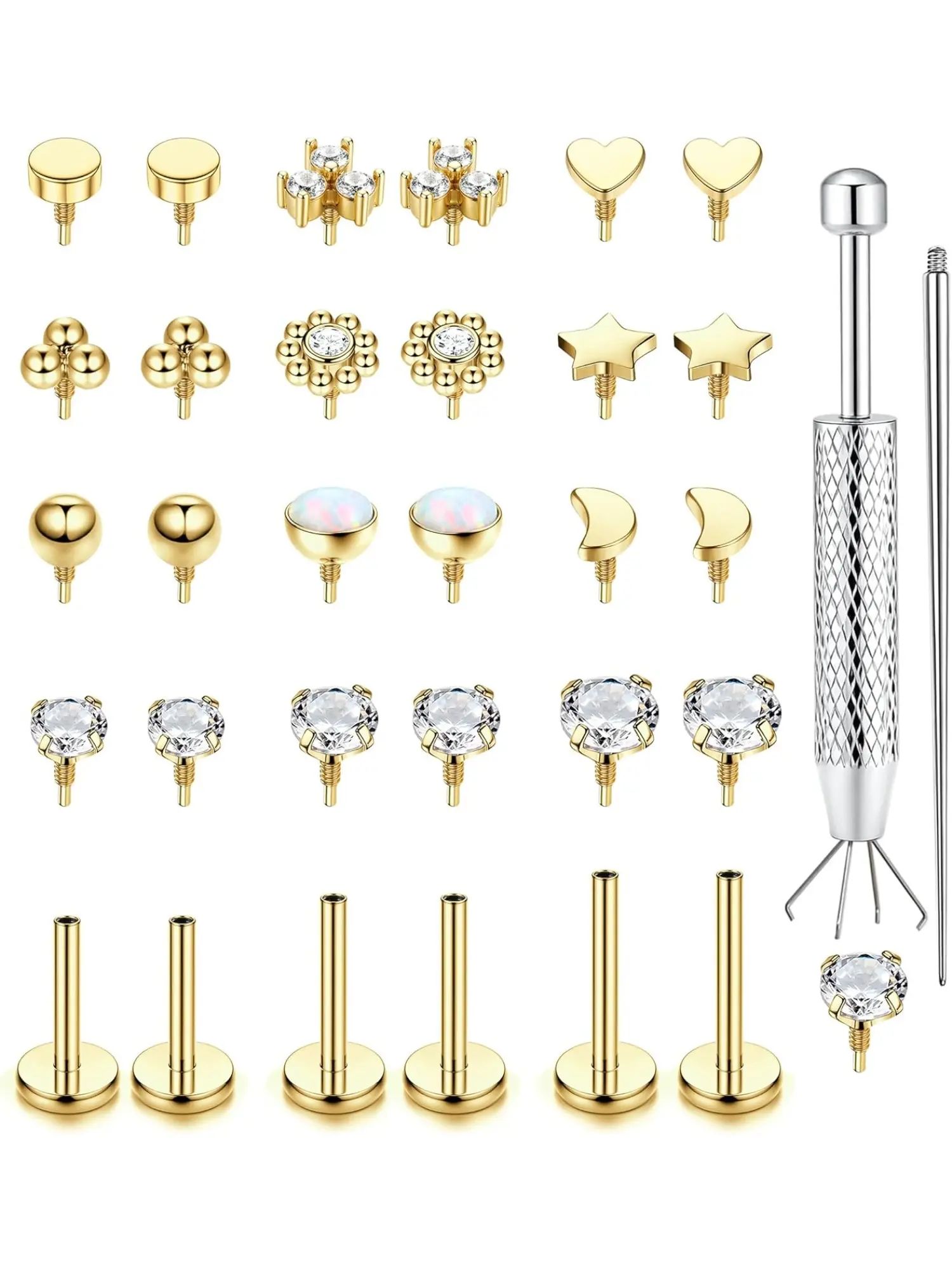 1 Set 16G/18G Flat Back Stud Earrings for Women, Earrings Studs, Hypoallergenic Surgical Steel Internal Thread Piercing Jewelry, 14K Gold Plated for Tragus, Helix, Cartilage, Conch, Nose, Lip and Labret, Medusa Piercing Silver Jewelry