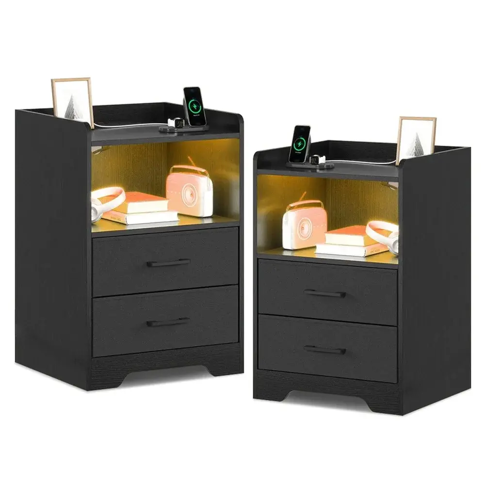 SIKAIC Set of 2 Black LED Nightstands with Charging Station, 2 Storage Drawers and Open Shelf for Bedroom