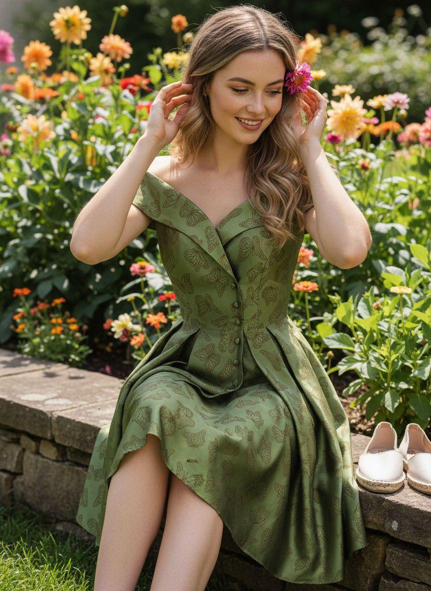 Green 1950s Off-Shoulder Vintage Dress Formal Womenswear Sleeveless Floral Valentine's Day Summer Holiday Dress wedding guset with Back Concealed Zipper Knee Length