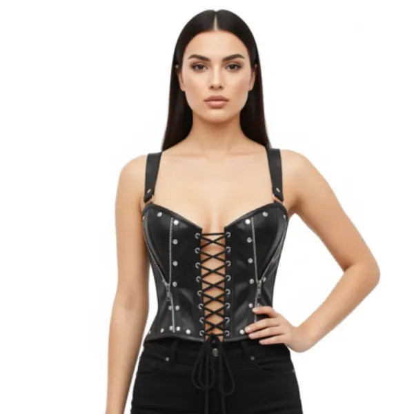 Handmade Black Real Leather Bustier Corset for Women | Steel Boned Halter Corset Top with Front Lace-Up
