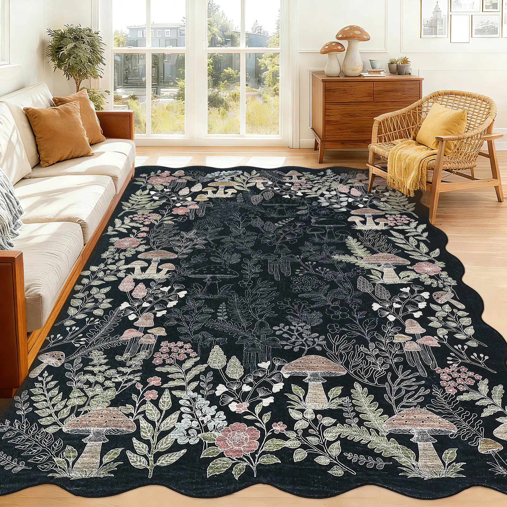 Fan-shaped Floral Border Rug Mushroom Pattern Printed Rug Washable Area Rug Ultra-thin Foldable Interior Decorative Rug Low-pile Non-shedding for Bedrooms Dining Rooms Offices Game Rooms Restaurants and Apartments