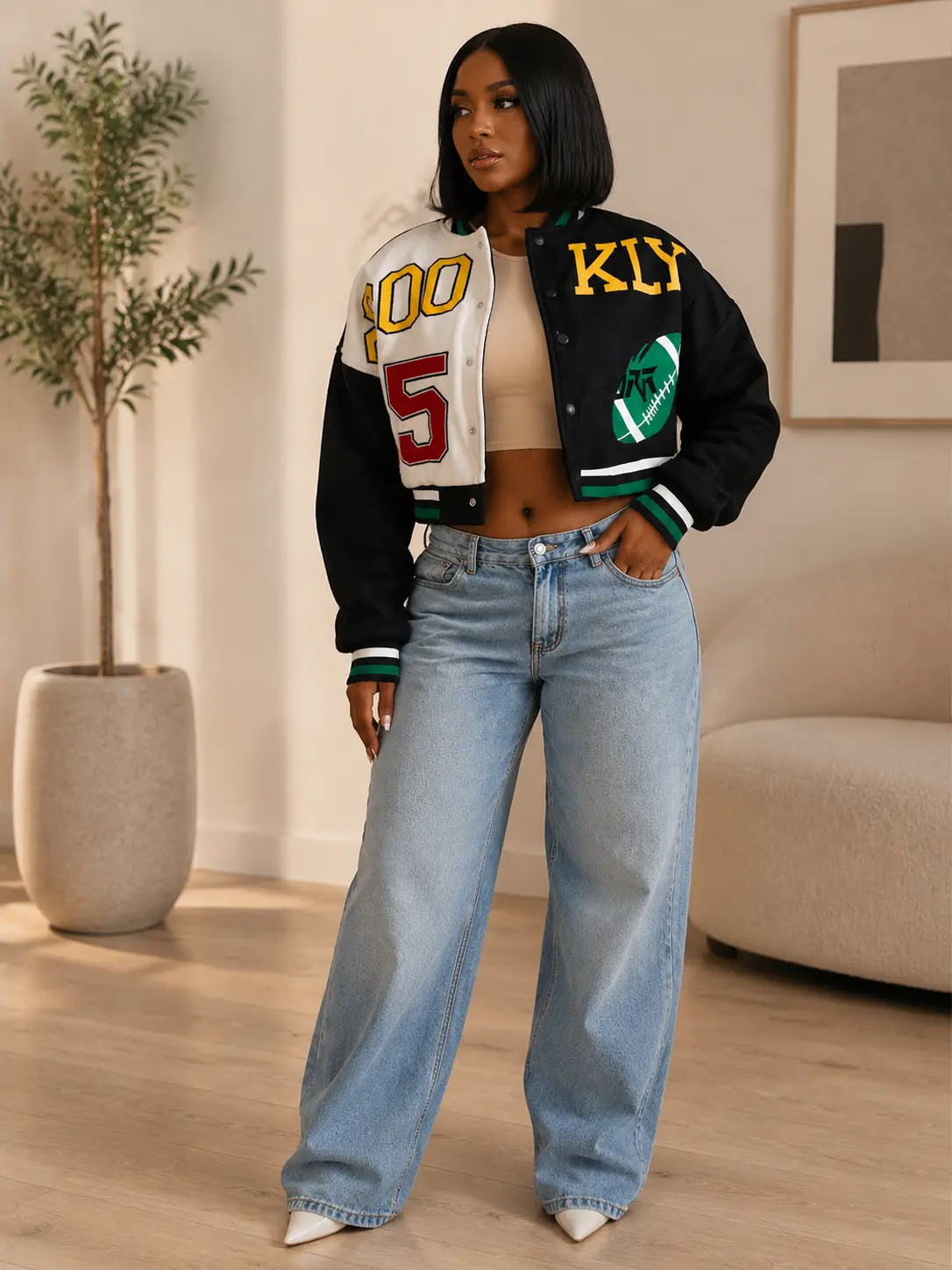 JOY PAY Sporty Patchwork Letter Varsity Jacket Casual Trendy Bomber Loose Fit High-Quality Fabric Baseball Style Coats for All Occasions Jeans Matching  HZ029