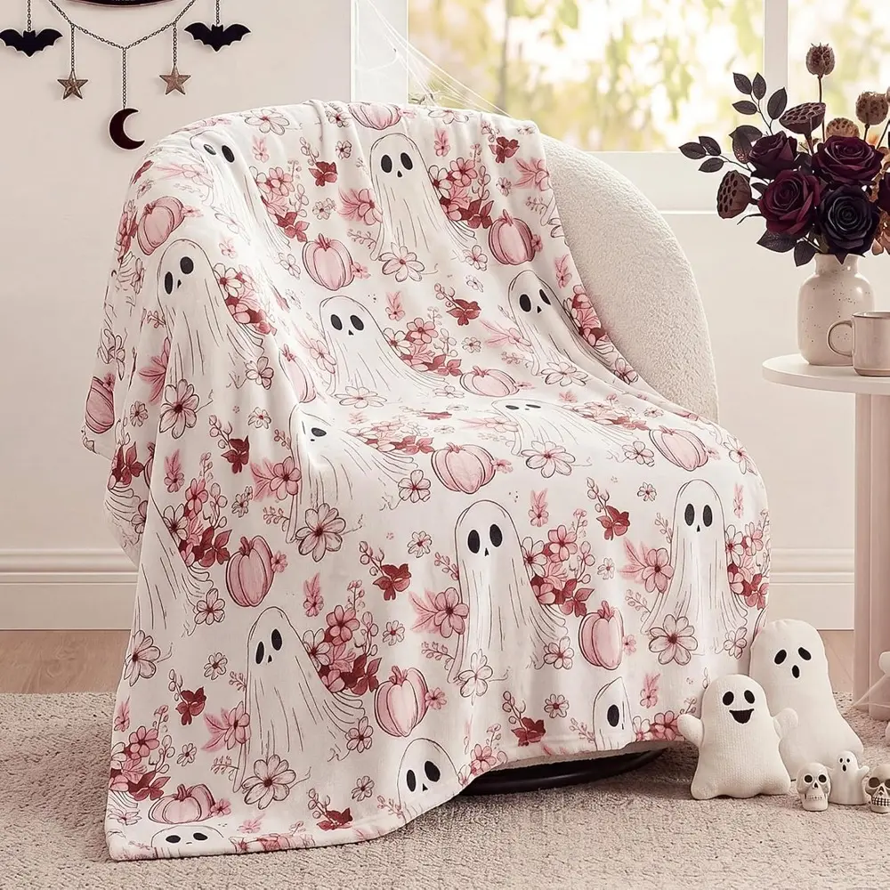 Pink Pumpkin Blanket Halloween Ghost Throw Blanket | Cute Pink Halloween Blanket, 50"x60", Soft Flannel Plush Fleece, Boho Halloween Decoration for Sofa Couch Bed Holiday Gifts