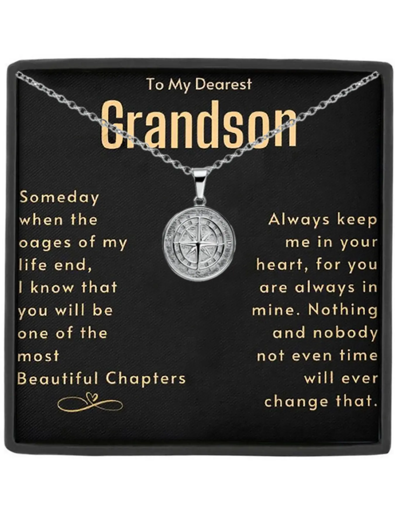 To My Dearest Grandson  Stainless Steel Compass Pendant Family Necklace, Meaningful Card Included, Birthday Gift Jewelry, Christmas Present, All Seasons, Necklace Gift Box