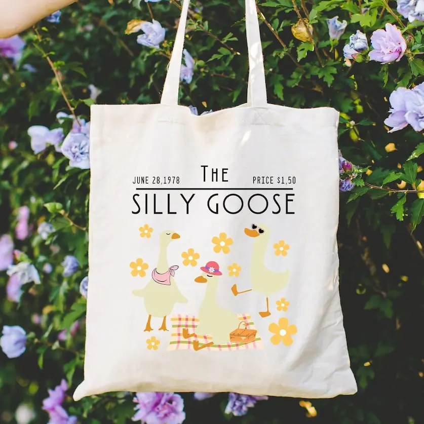 Silly Goose Tote Bag, Cute Goose Illustration Canvas Tote, Funny Animal Tote Bag, Aesthetic Cottagecore Tote, Whimsical Goose Gift Bag, Casual Reusable Canvas Tote