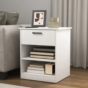 Modern 1-Drawer Nightstand with Adjustable Shelf, Bedside Table with Open Storage for Bedroom or Living Room, Wood-Look Finish, Compact End Table for Small Spaces