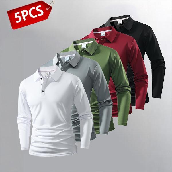 Men's 5 Pieces Pack Long Sleeve Polos Quick Dry Breathable Wrinkle Free Business Casual Turn Down Collar Tees in Multiple Colors