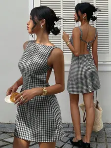 MainGRL Black & White Plaid Woven Backless Mini Dress For Women Checkered Dress Gingham Dress Houndstooth Dress Mod Dresses Open Back Summer Dress