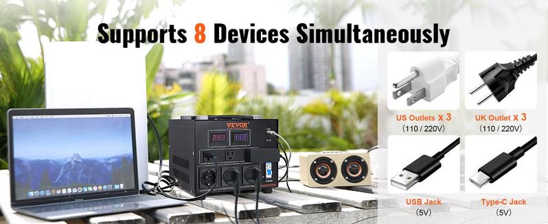 VEVOR Voltage Converter Transformer, TikTokShopBlackFriday, 5000W, Heavy Duty Step Up/Down Transformer, Convert from 110 Volt to 220 Volt and from 220 Volt to 110 Volt, with US Outlet EU Outlet 5V USB Port, CE Certified