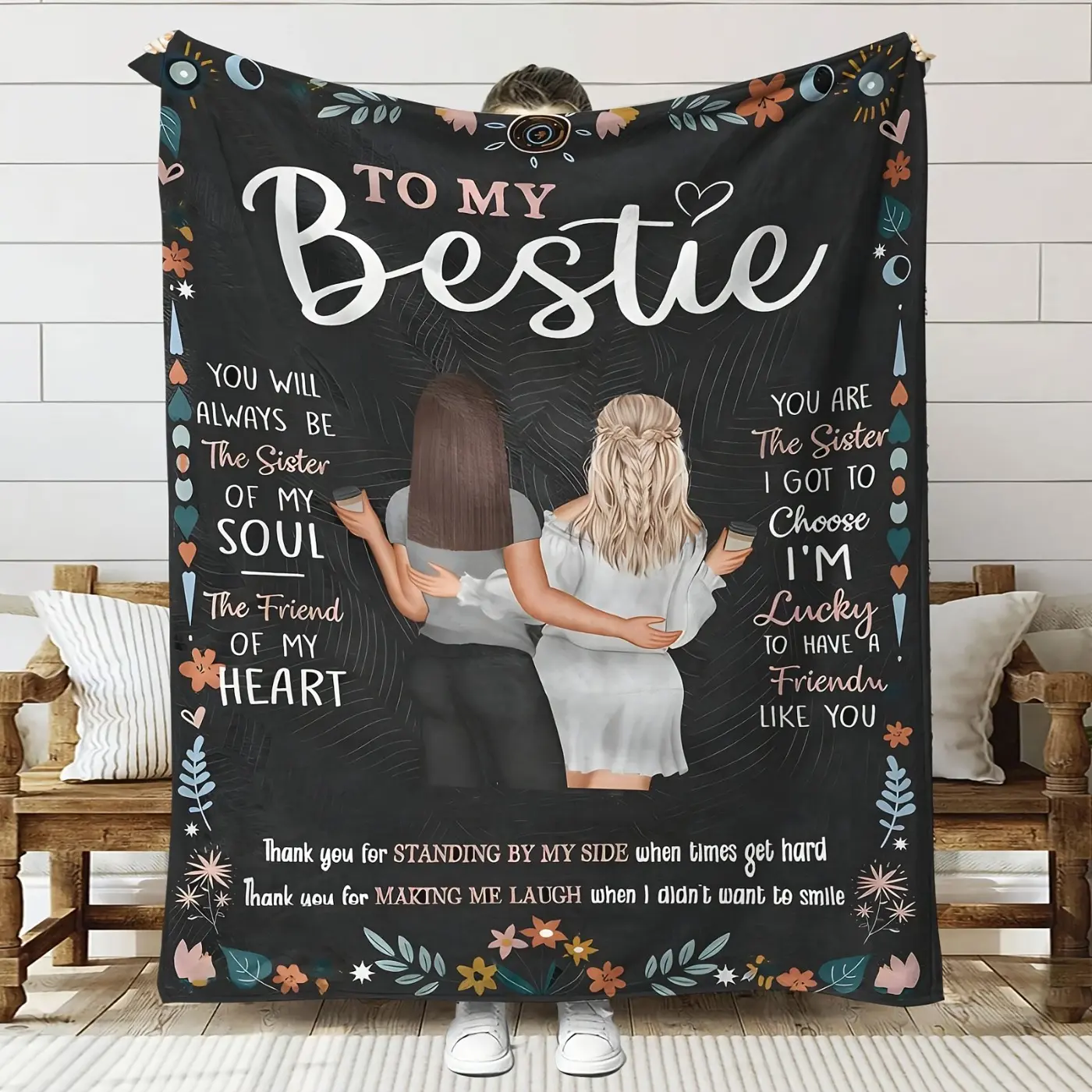 To My Bestie Themed Flannel Throw Blanket Sister Gift 100% Polyester Digital Print Machine Washable All Seasons Multipurpose Ideal for Birthday Christmas Valentine's Gift