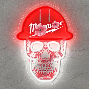 Milwaukee Tool Skull Safety Helmet LED Neon Sign Dimmable , Man Cave Light for Repair Shop Parts Store Garage Repair Shop Bar Party, Gift for Him