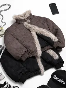 Matching plush deer suede cotton jacket for couples; premium deer suede fabric + color-block plush design + thick padding—windproof yet warm, perfect for layering, suitable for everyday outings, weekend activities, and combating cold weather.