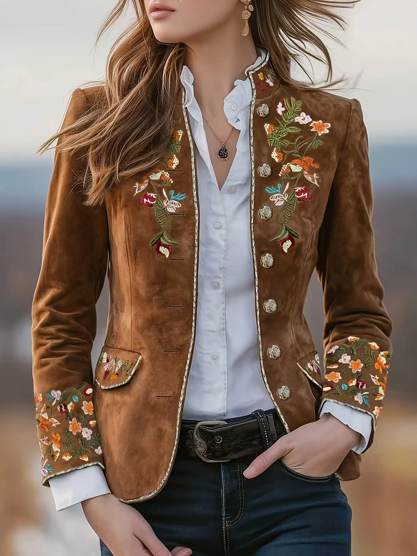 Elegant Stand Collar Floral Embroidered Jacket, Coats, Vintage Style Slim Lightweight Outerwear, Perfect for Casual Wear & Special Occasions