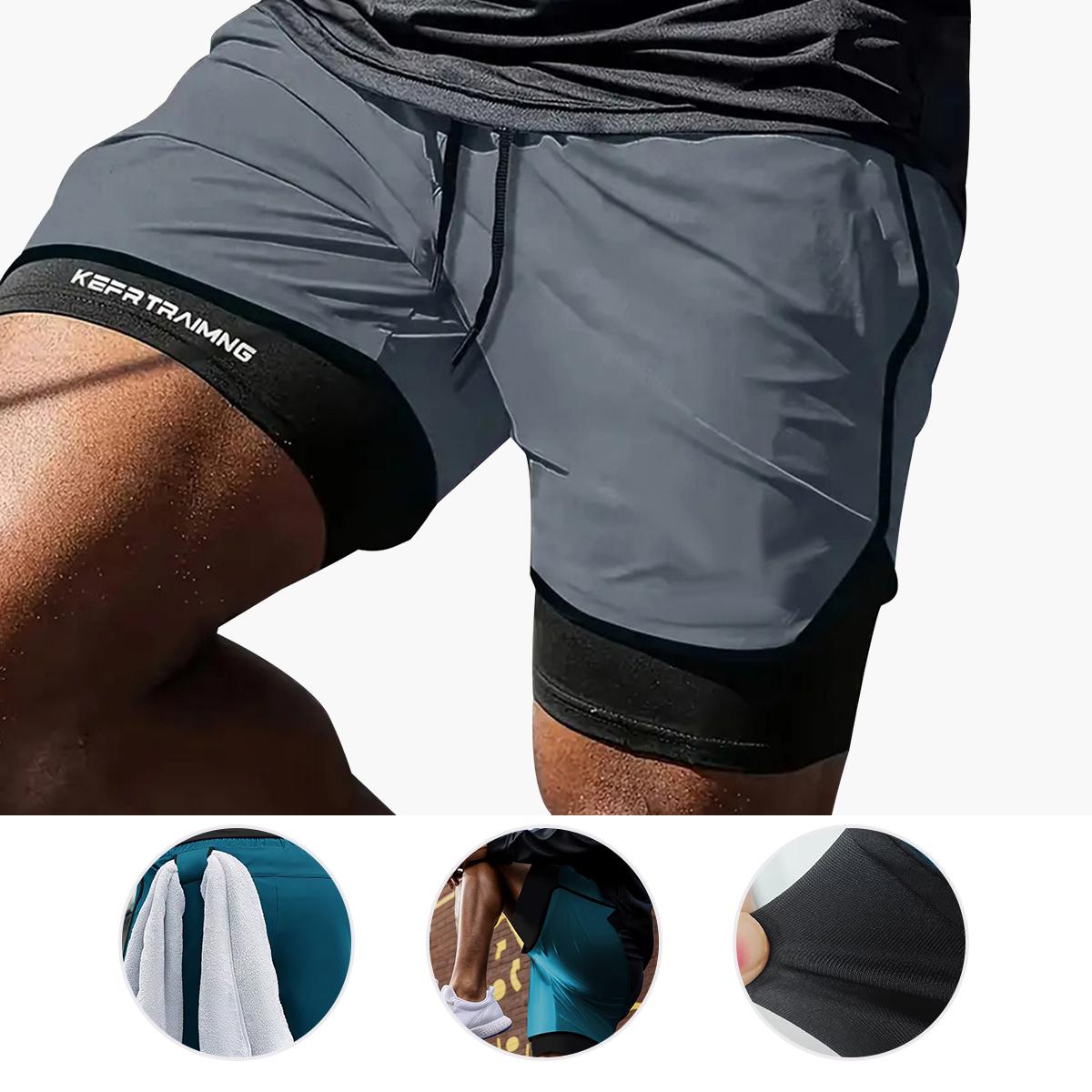 Men's two-piece double-layer sports shorts in solid color, with multiple pockets, suitable for fitness, running, outdoor hiking, soccer, beach and casual wear.
