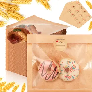 100 Pcs Cookie Packaging Bags with Seal, 7.1 x 7.5 Inch Bakery Pastry Bags with Window, Heat Sealable Grease Resistant Paper to Go Bake Sleeves for Gift Giving Donut Bread Sandwich (Brown)