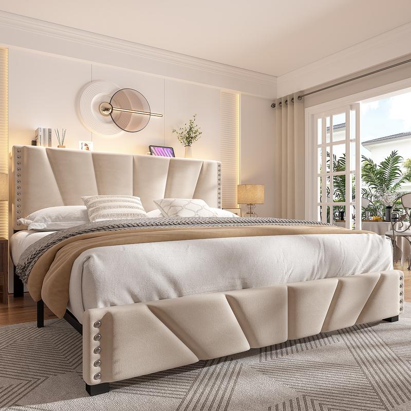 Bed Frame King Size with LED lIghts & Charging Station, Upholstered Queen Bed Frame with Shelves, Luxury Bedframe, Bedroom FurnitureNo Mattress, Noise Free, Holds 880LBS, Wood Slats & Metal Frame, Beige, Gray
