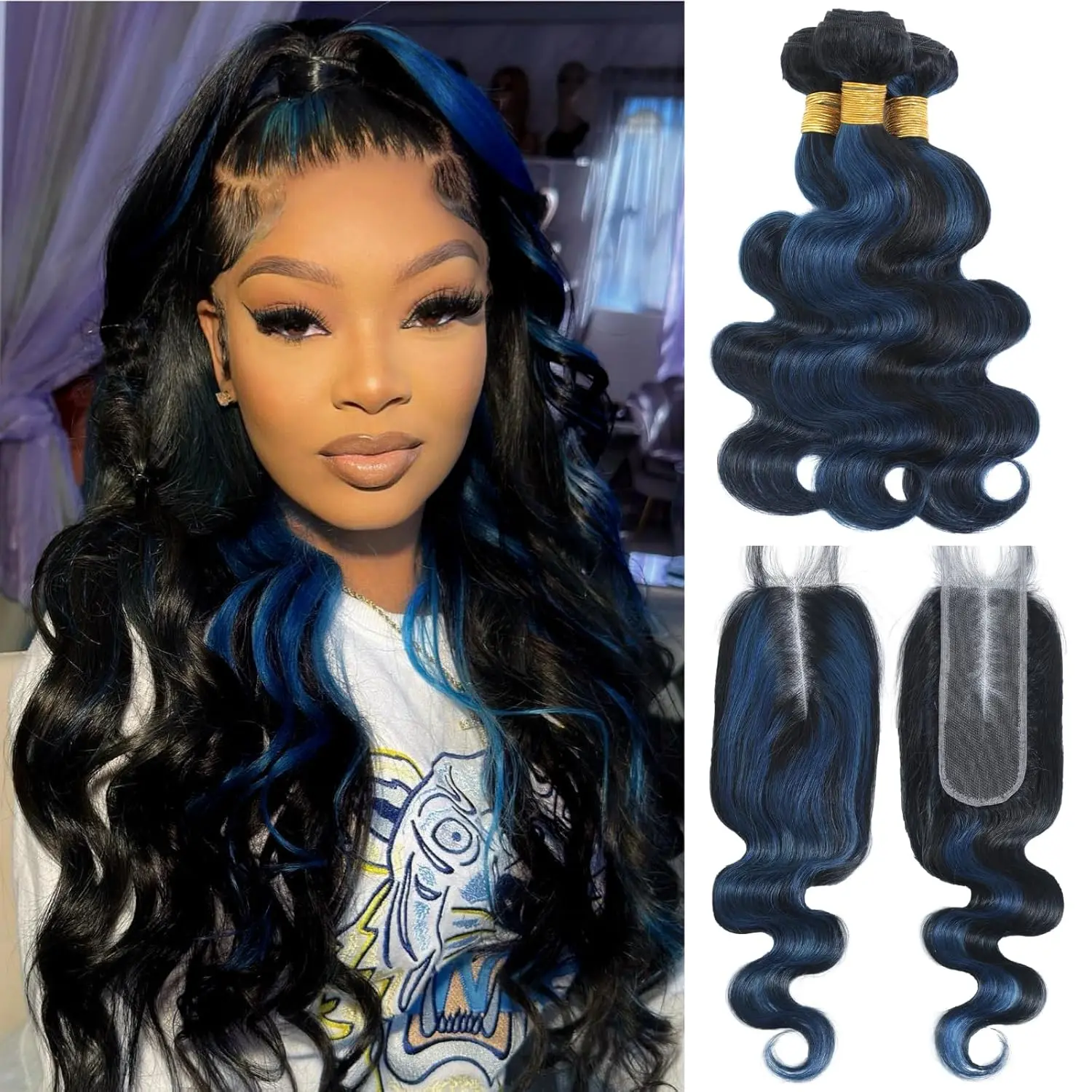 ALHER #1B/Blue Colored 3 Bundles with Long Deep Part Lace 2X6 HD Lace Closure Wavy Black Mix Blue Highlight Bundle with Free Part 4x4/5x5 Closure 100% Unprocessed Remy Hair 3 Bundles 13x4 HD Lace Frontal Ear to Ear