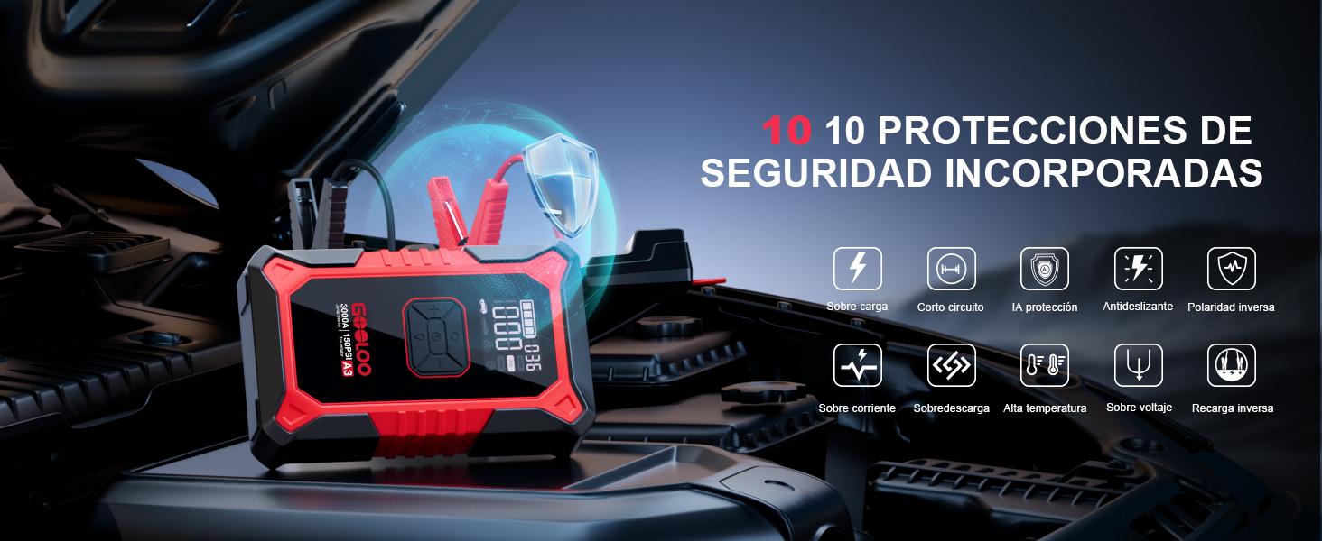 GOOLOO A3 Arrancador de batería con compresor de aire, 3000 A portátil de batería de coche (9,0 gasolina/6,5 L diésel) con inflador de neumáticos de apagado automático de 150 PSI, caja de salto de litio supersegura de 12V, arrancador de batería de coche
