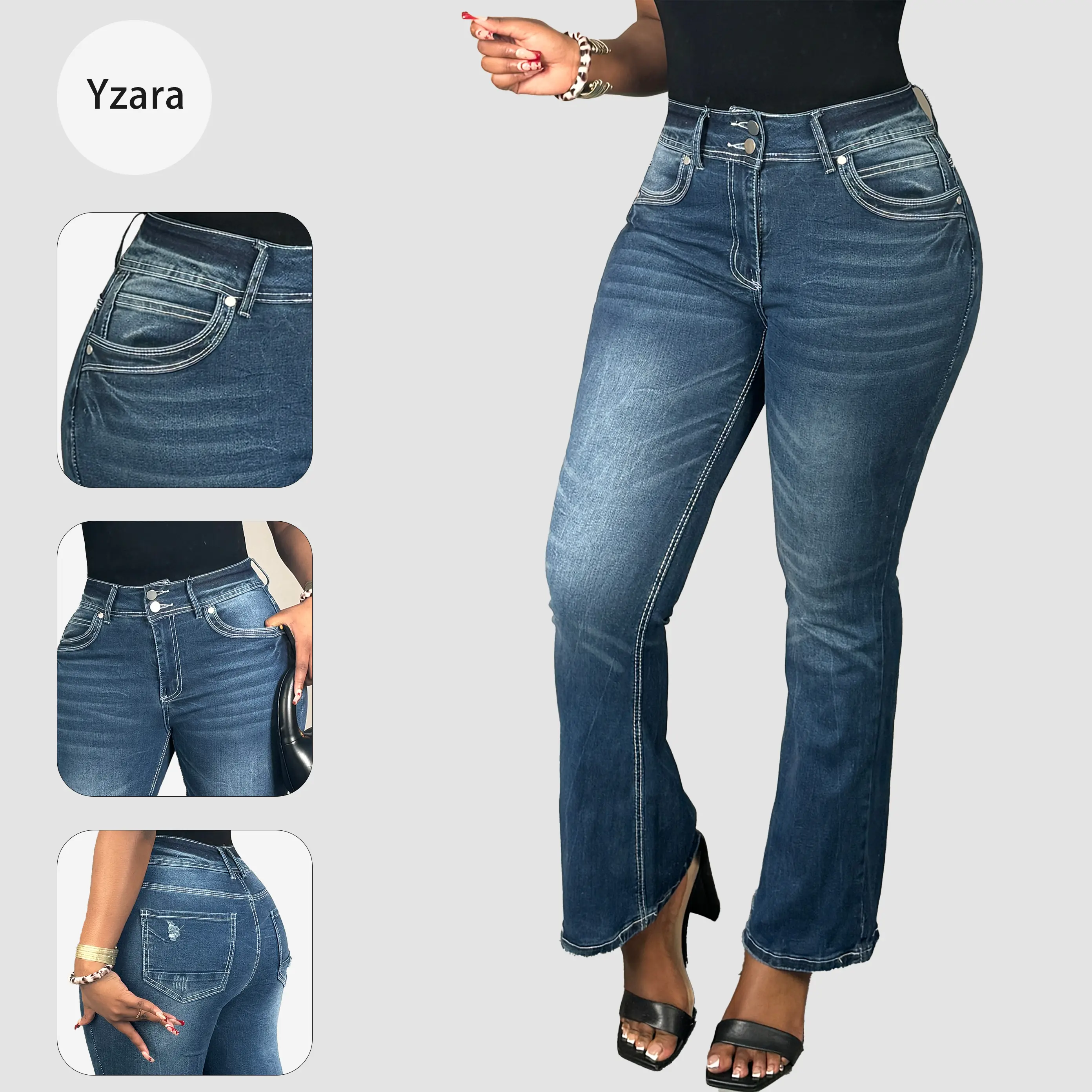 Women's Mid-Waist Flare Jeans Contrast Stitching Denim Classic Y2K Slim Fit Stretchy Trousers Mothersdaygift