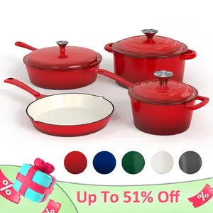[2026 New] KITCHEN ACADEMY Enamel Cast Iron 7 Piece Cookware Set, Dutch Oven Pot with Lid, Red Non Stick Pots and Pans set, Oven Safe up to 500°F Cooking Modern