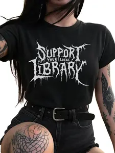 Women's "Support Local Library" T-Shirt: Book & Library Theme, Dewey Decimal & Card Catalog Print, Cotton Crewneck Short Sleeve Elastic, 4-Season Comfort, Fit for Book Lovers/Librarians