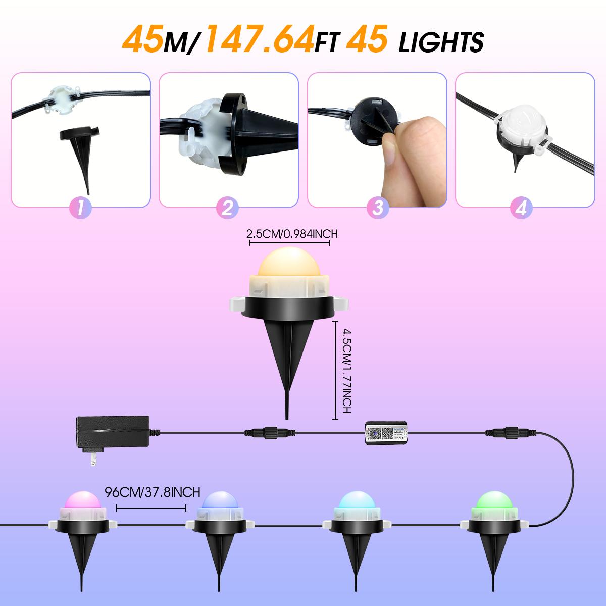 Customizable Ground Lighting 50ft/100ft/150ft RGB+IC Smart Path LightLight Outdoor Waterproof IP67 App and Remote Control with Music Sync 63 Color Changing Modes Timer Voice Control via Alexa for Lawn Garden Patio Yard Decoration