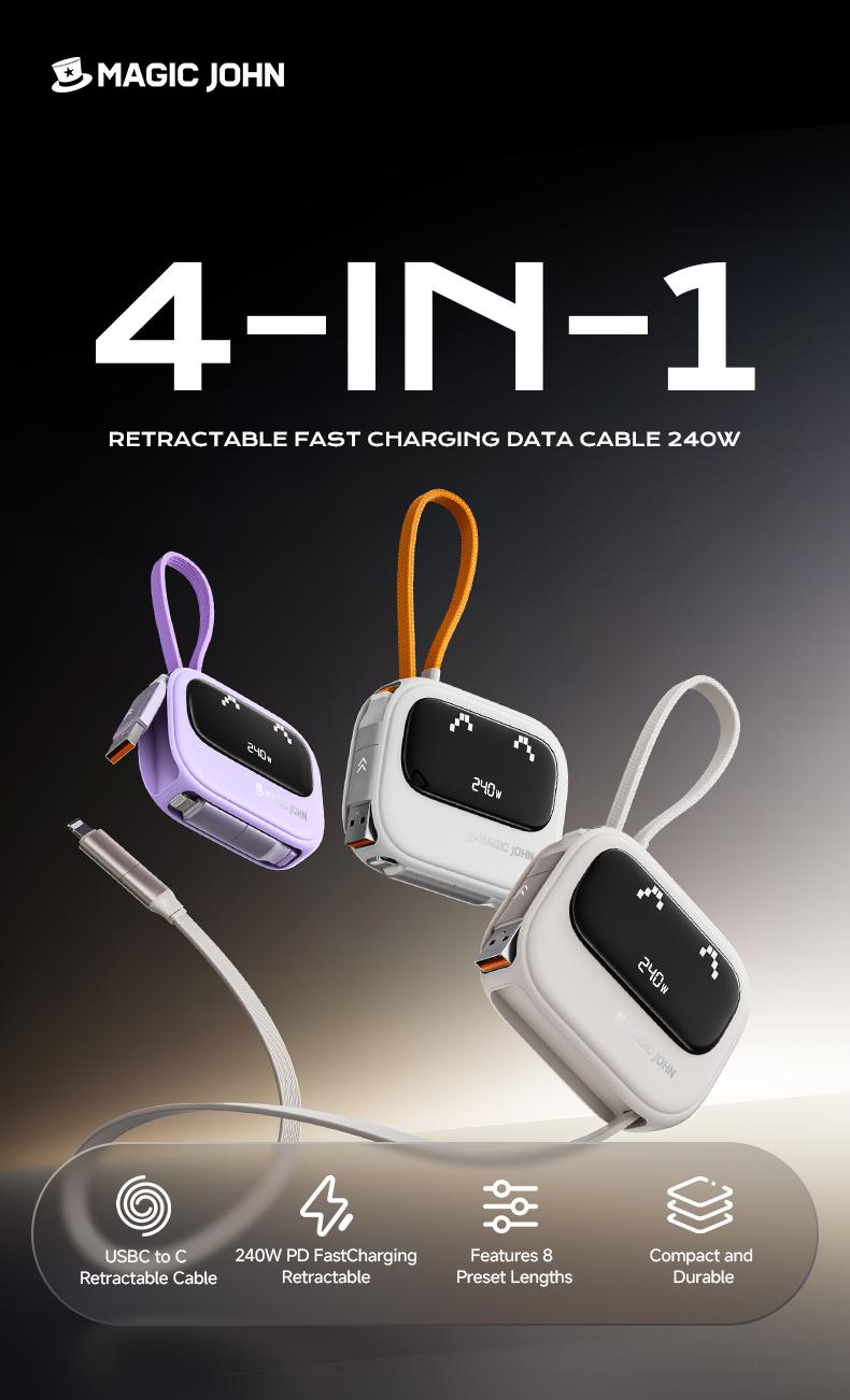 MAGIC JOHN 4-in-1 Retractable USB Charging Cable – 240W Fast Charging & Data Sync | Compatible with iPhone & Android | Retractable CarPlay Cable