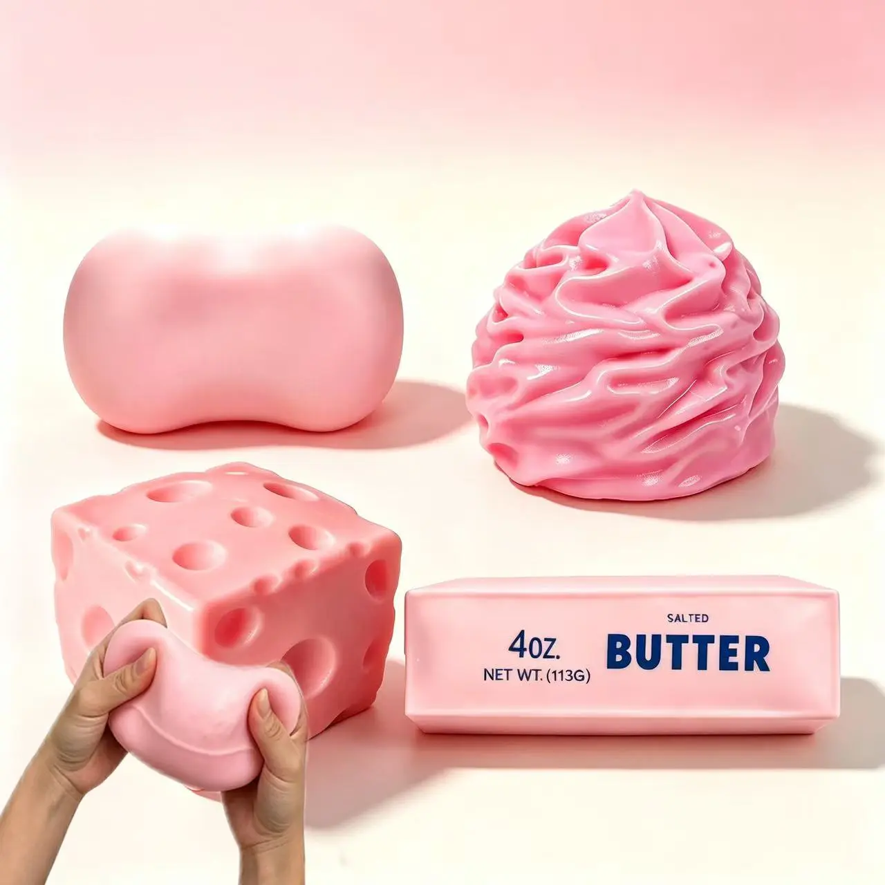Filled Blocks Squishies Box Sets (4-Piece), ASMR Stress Relief Fidget Toy, Soft Stretchy Pink Cheese Squishy Butter Cream Novelty Desktop Tactile Toy