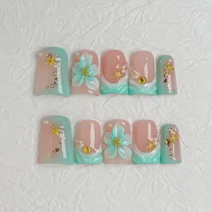 Reusable Acrylic Press-On Nails, Mint Green Ombre with Luxury Shell Starfish & White Pearlescent Shimmer, Rhinestones Decorated, Easy Apply Acrylics Nail for Summer Beach Use