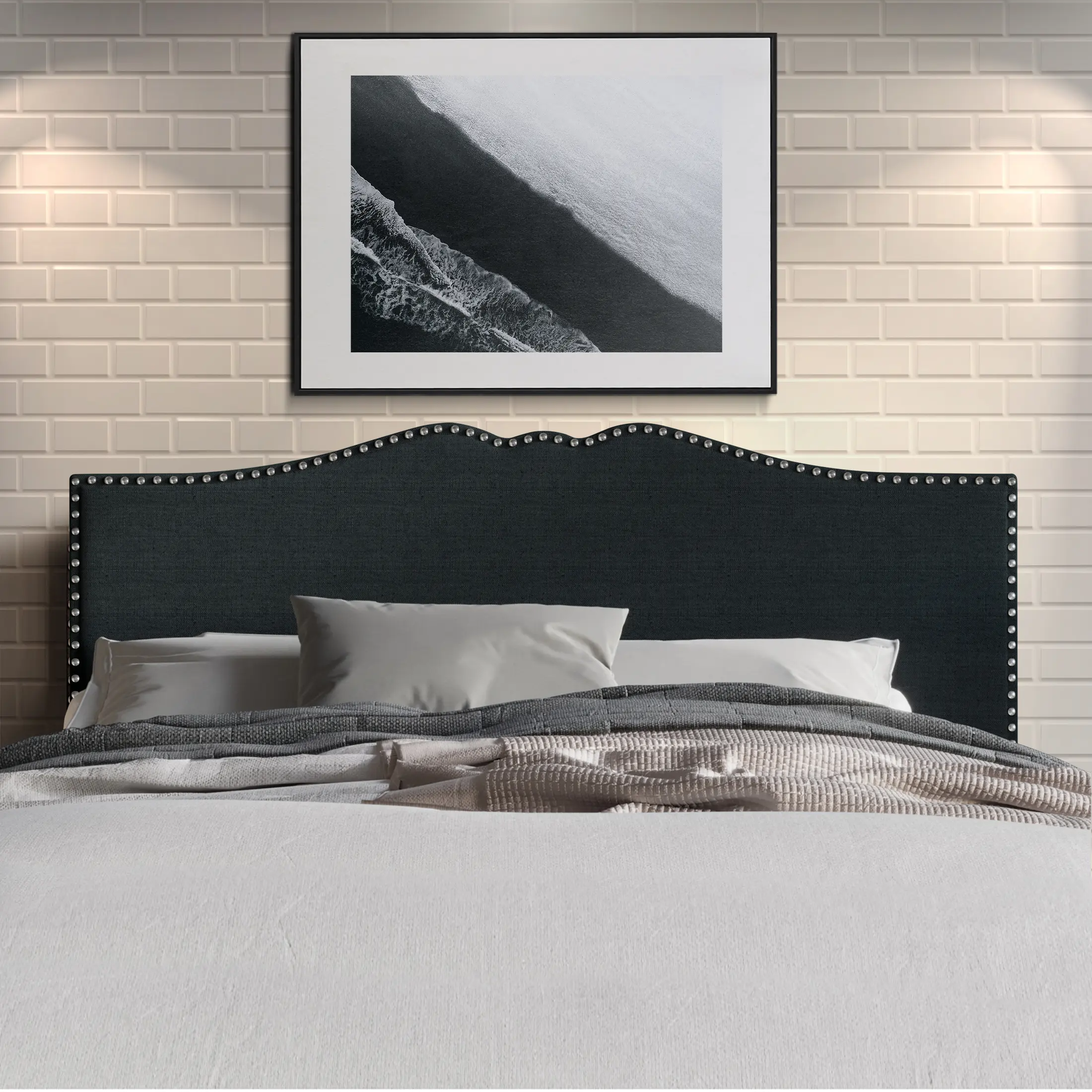 Isahbella Linen Nailhead Curvaceous Upholstered Adjustable Headboard - Sturdy Wood Build, Durability, Elegant Design, Hand-Applied Chrome Trim, 100% Polyester Fabric, Easy Assembly, Customizable Fit for Various Beds Furniture