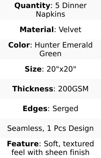 5 Pack Premium Velvet Napkins 20"x20" Hunter Emerald Green - Soft Sheen Finish Dinner Napkins