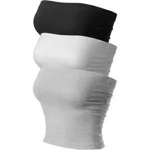 Women's3PackCasualSummerRuchedSideBacklessDoubleLayeredTubeTopwithBuiltinShelfBra