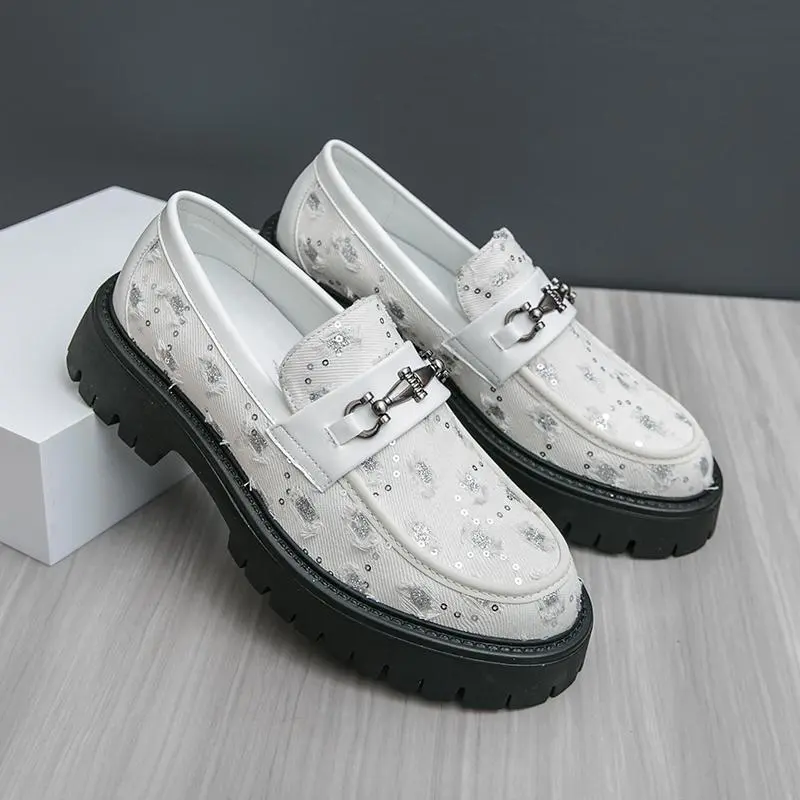 Men's Slip-On Loafers with Decorative Buckle - Upper & Rubber Sole,  for Nightclub, Office or Casual Attire Thick-Soled Men's Shoes • Luxurious Business Casual Loafers • Gentleman's Casual Shoes • Stylish Casual Oxfords • Party Oxfords • White Formal Shoe