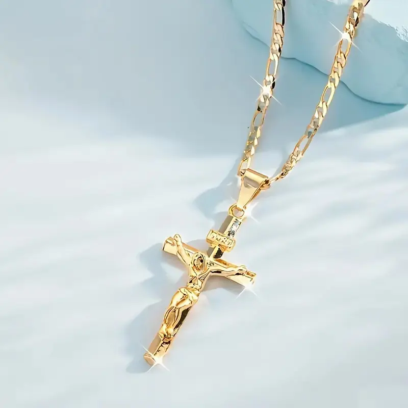 Men's Vintage Jesus Cross Necklaces - Gold-Plated Faith Pendant Amulet with Smooth Chain, Faithful Vintage Look, For Males, Gift-Ready Religious Easter Party Gift Supplies