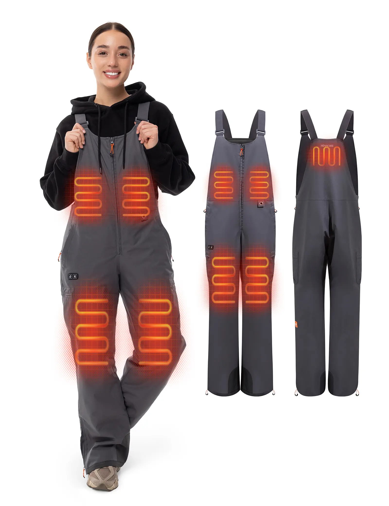 HENNCHEE Heated Bib Overalls for Women, Insulated Winter Pants with 5 Heating Zones & LED Display Battery, Windproof Adjustable Fit for Outdoor Use, Long Pants, Full-Length