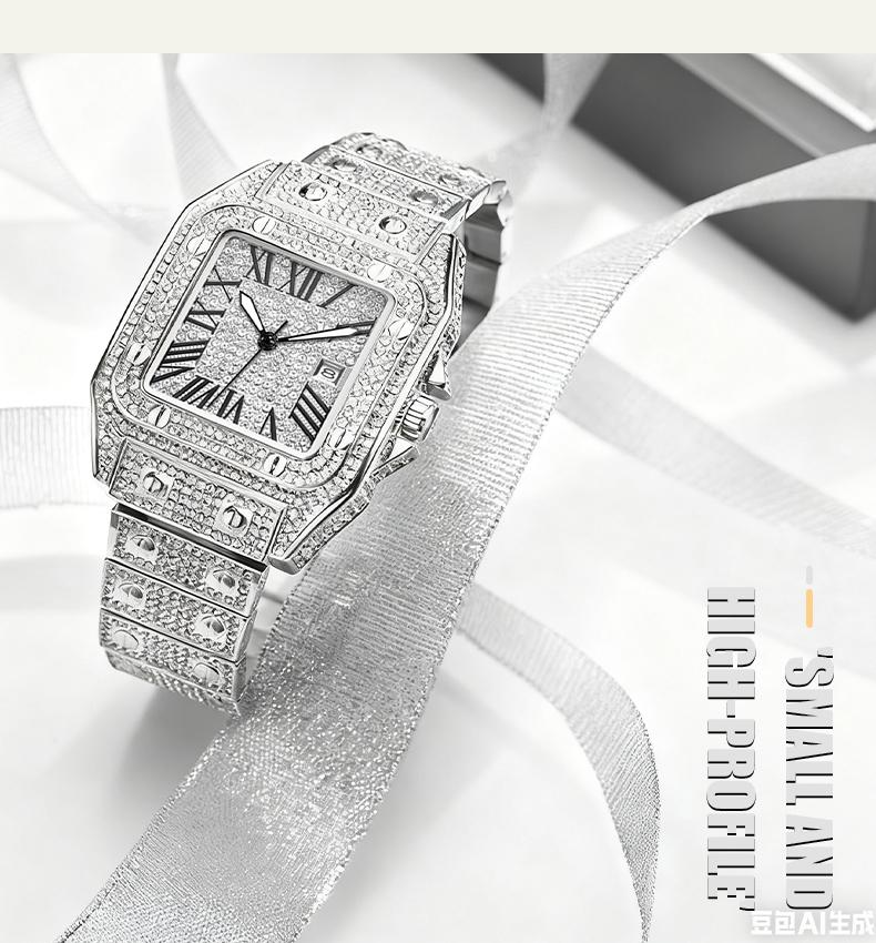 Luxury Rhinestone Embellished Square-Dial Quartz Watch with Gift Box Included Fashion Timeless Classic Watch Black Friday Flash Sale diamond men