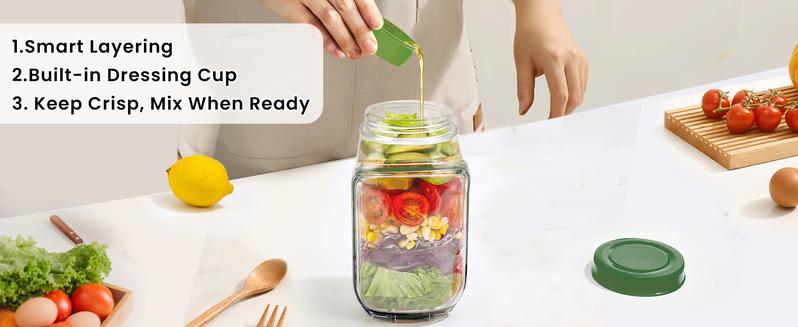 Salad Jar with Side Opening & Dressing Cup - Vertical Layering Salad Container for Lunch, Leakproof Design, Lid Converts to Bowl, BPA-Free for Office, Picnic, Travel, Meal Prep (Green) Salad Jar with Side Opening & Dressing Cup - Vertical Layering Salad Container for Lunch, Leakproof Design, Lid Converts to Bowl, BPA-Free for Office, Picnic, Travel, Meal Prep (Green)