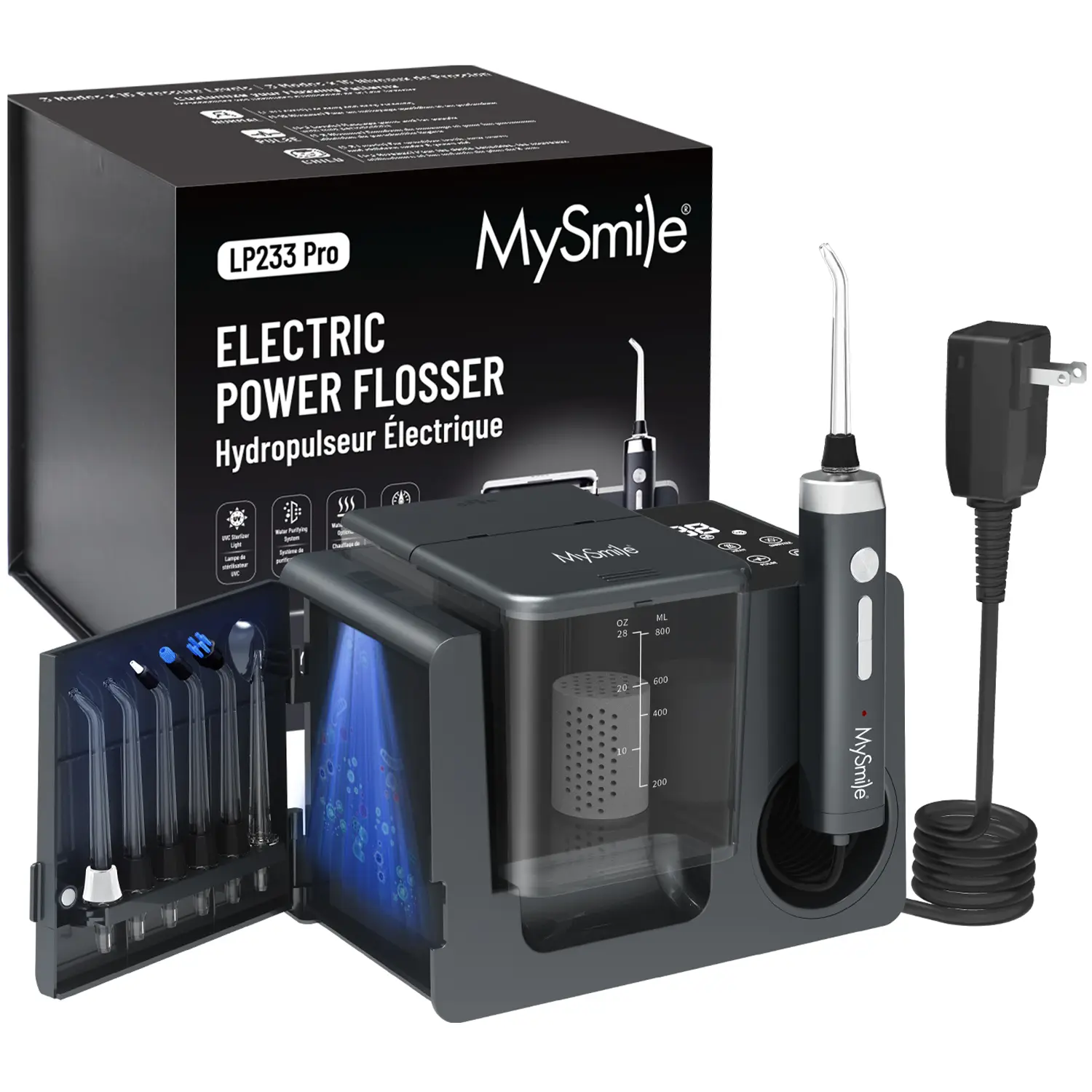 MySmile LP233 Pro Water Flosser, Countertop Teeth Cleanser with UVC Sterilization & Digital Display, 800ML Tank for Plaque Removal, 3 Modes, 6 Tips, with Power Adapter, Water Dental Flossers, Plaque Remover, Disinfectant, Removes Plaque