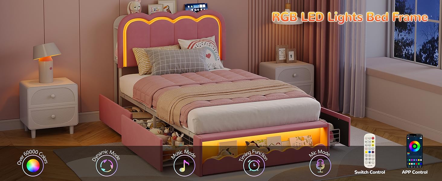 Vabches Twin LED Bed Frame with Storage Headboard and 4 Drawers, Upholstered Platform Bed Frame with Bookcase, Velvet Princess Bed for Kids Girls, Charging Station, No Box Spring Needed