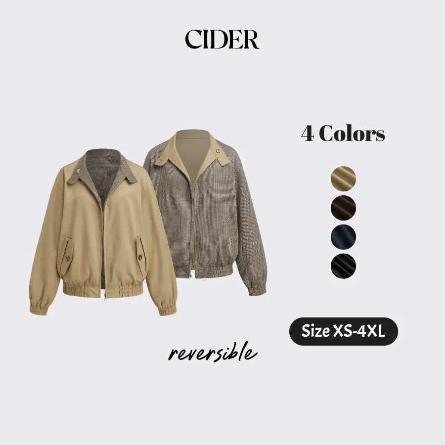 Cider Reversible Cotton-blend Stand Collar Houndstooth Oversized Bomber Jacket SohoChic