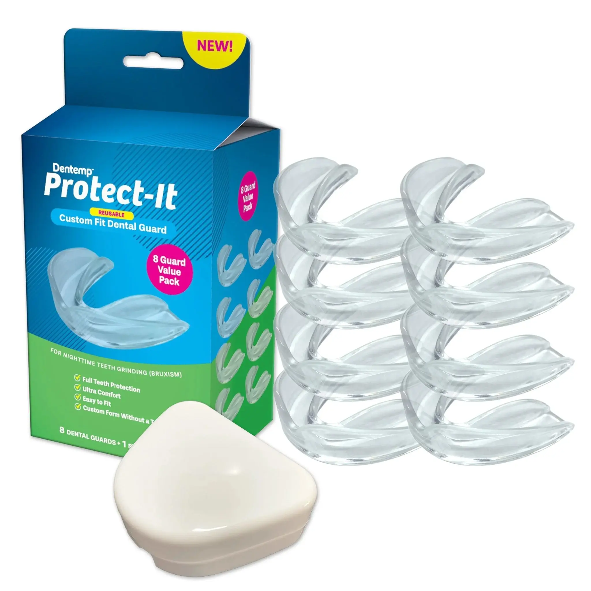 Dentemp Protect-It Custom Fit Dental Guard for Teeth Grinding & Bruxism | Comfortable, Reusable Night Guard | 4-Pack, Individually Wrapped